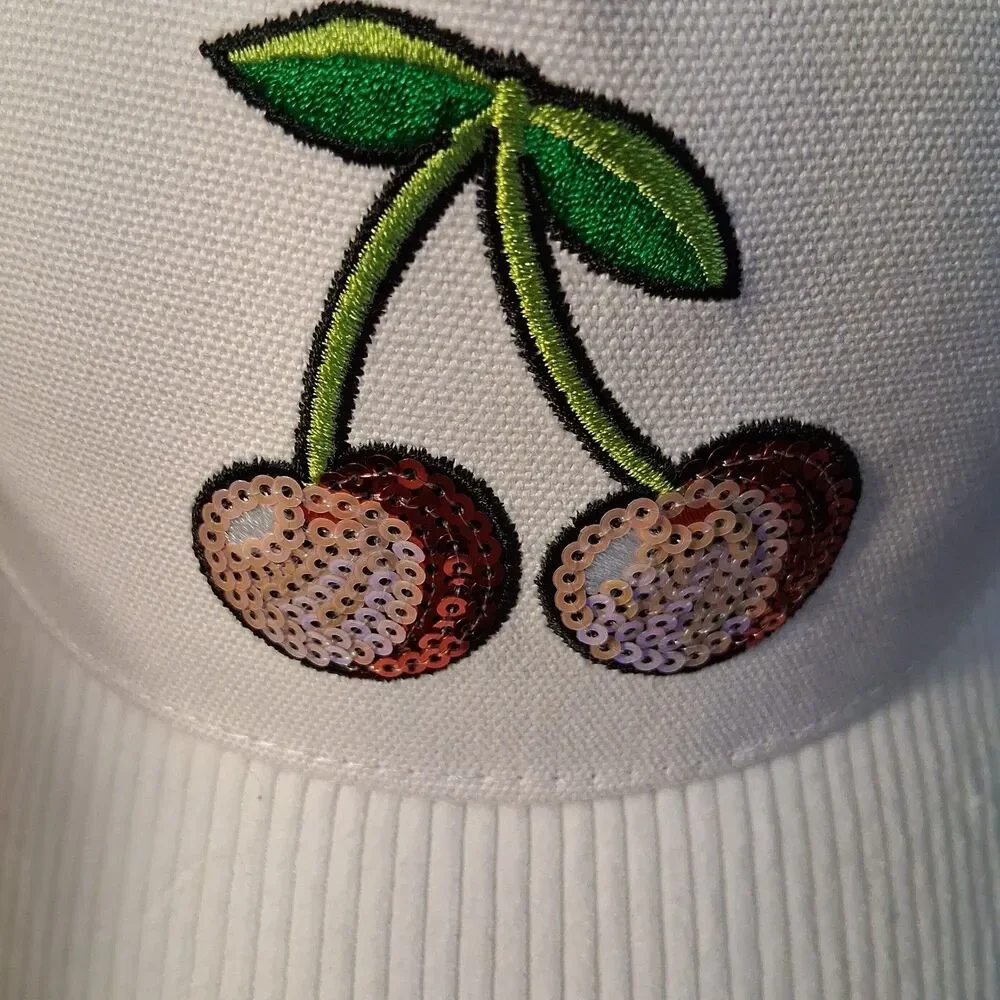 Justice White Cherry Embroidered Baseball Cap Corduroy Adjustable Hat NWT